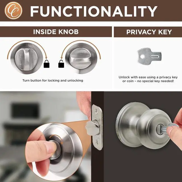 Alt view image 2 of 6 - Copper Creek Door Knobs - Round Colonial with Privacy Locking Function - Interior Door Knobs for Home Improvement - Locking Door Knob for Bedroom & Bathroom - Satin Stainless - 1 Pack