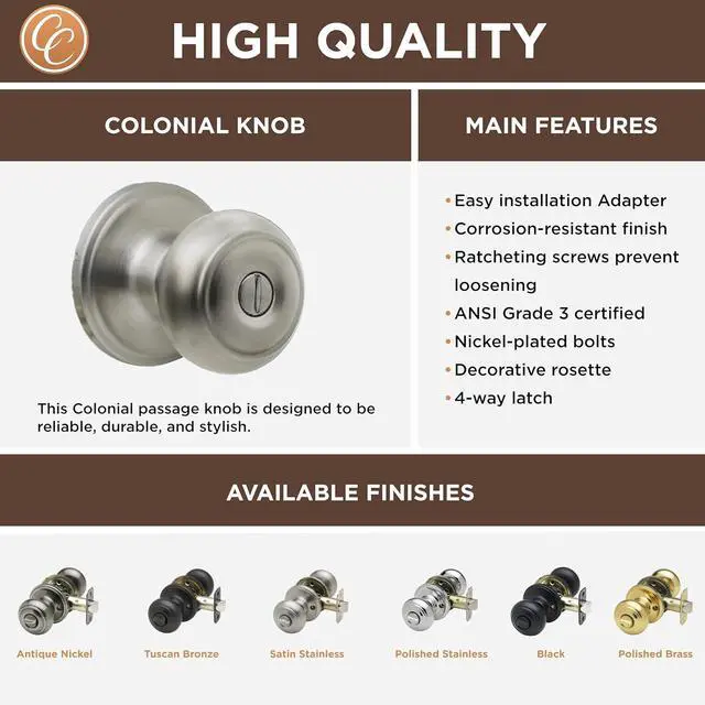 Alt view image 6 of 6 - Copper Creek Door Knobs - Round Colonial with Privacy Locking Function - Interior Door Knobs for Home Improvement - Locking Door Knob for Bedroom & Bathroom - Satin Stainless - 1 Pack