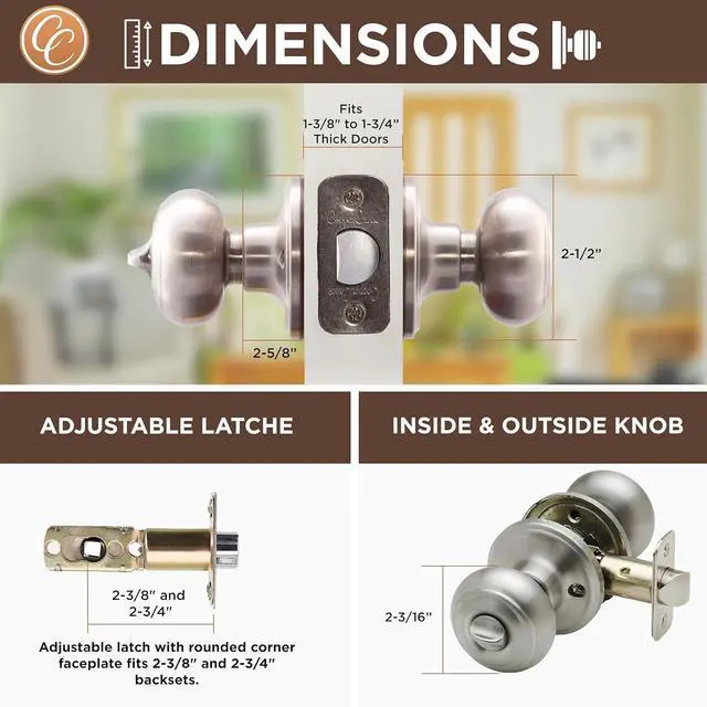 Alt view image 3 of 6 - Copper Creek Door Knobs - Round Colonial with Privacy Locking Function - Interior Door Knobs for Home Improvement - Locking Door Knob for Bedroom & Bathroom - Satin Stainless - 1 Pack