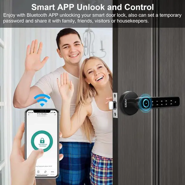 Alt view image 2 of 7 - Fingerprint Door Lock Set, ERAY Smart Door Lock, 4 in 1 Keyless Entry Door Knob with Bluetooth APP, Fingerprint, Keypad Code, Keys, Interior Security Lock Set for Home Hotel Apartment