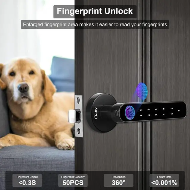 Alt view image 3 of 7 - Fingerprint Door Lock Set, ERAY Smart Door Lock, 4 in 1 Keyless Entry Door Knob with Bluetooth APP, Fingerprint, Keypad Code, Keys, Interior Security Lock Set for Home Hotel Apartment
