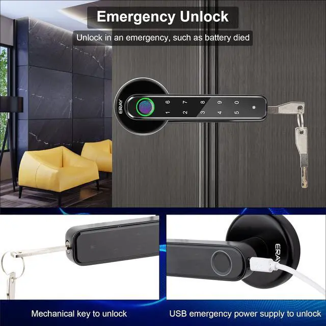 Alt view image 5 of 7 - Fingerprint Door Lock Set, ERAY Smart Door Lock, 4 in 1 Keyless Entry Door Knob with Bluetooth APP, Fingerprint, Keypad Code, Keys, Interior Security Lock Set for Home Hotel Apartment