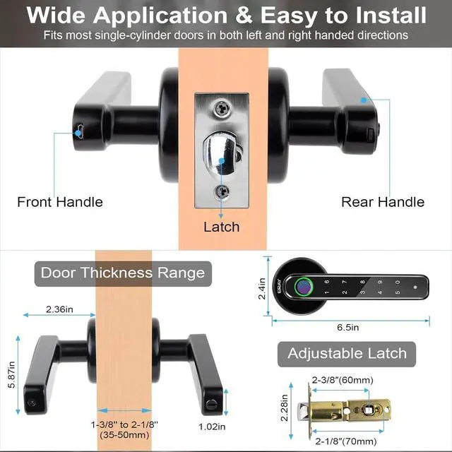 Alt view image 6 of 7 - Fingerprint Door Lock Set, ERAY Smart Door Lock, 4 in 1 Keyless Entry Door Knob with Bluetooth APP, Fingerprint, Keypad Code, Keys, Interior Security Lock Set for Home Hotel Apartment