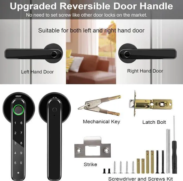 Alt view image 7 of 7 - Fingerprint Door Lock Set, ERAY Smart Door Lock, 4 in 1 Keyless Entry Door Knob with Bluetooth APP, Fingerprint, Keypad Code, Keys, Interior Security Lock Set for Home Hotel Apartment