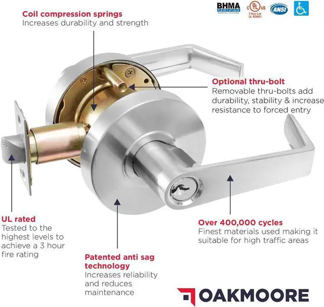 Alt view image 4 of 7 - Commercial Entry Door Handle Locks | Heavy Duty Commercial Door Handle | Commercial Door Locks Knob Grade 2 | Offices, Schools, Industrial Use | UL CUL & ADA | Satin Finish | ANSI A156.2