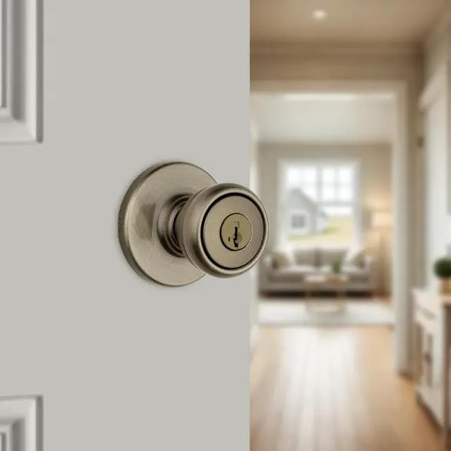 Alt view image 2 of 7 - Kwikset Tylo Entry Door Knob with Lock and Key, Secure Keyed Handle Exterior, Front Entrance and Bedroom, Antique Brass, Pick Resistant SmartKey Rekey Security and Microban