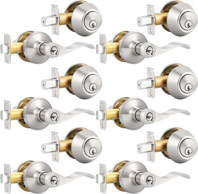Main image of 6 Pack-Front Door Entry Lever Lockset and Deadbolt Combination Set,keyed Alike Single Cylinder Deadbolts with Entry Door Lever Combo Pack,Nickel Door Hardware Exterior and Interior, Contractor Pack