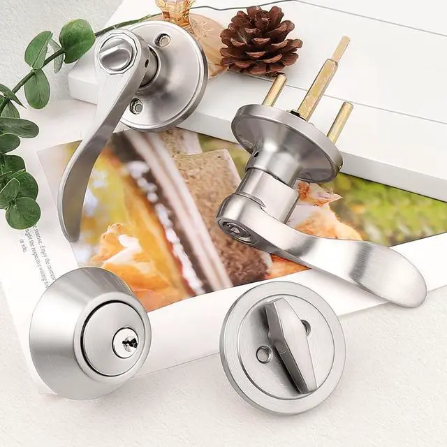 Alt view image 2 of 7 - 6 Pack-Front Door Entry Lever Lockset and Deadbolt Combination Set,keyed Alike Single Cylinder Deadbolts with Entry Door Lever Combo Pack,Nickel Door Hardware Exterior and Interior, Contractor Pack