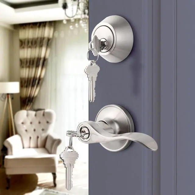 Alt view image 5 of 7 - 6 Pack-Front Door Entry Lever Lockset and Deadbolt Combination Set,keyed Alike Single Cylinder Deadbolts with Entry Door Lever Combo Pack,Nickel Door Hardware Exterior and Interior, Contractor Pack