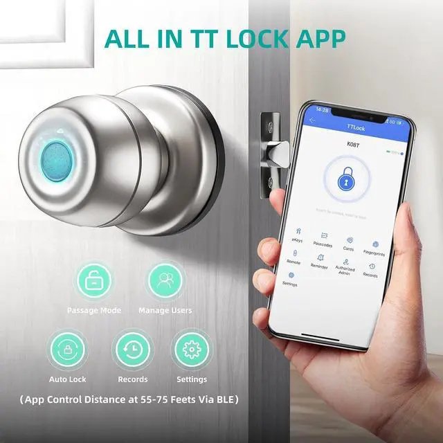 Alt view image 4 of 6 - Smart Door Knob,Fingerprint Door Knob,Biometric Smart Door Lock with App Control,Metal Alloy Door Knob,Easy Installation,Great for Bedrooms,Cloakroom,Apartments Offices,Hotel(Sliver)