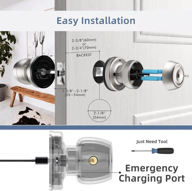 Alt view image 5 of 6 - Smart Door Knob,Fingerprint Door Knob,Biometric Smart Door Lock with App Control,Metal Alloy Door Knob,Easy Installation,Great for Bedrooms,Cloakroom,Apartments Offices,Hotel(Sliver)