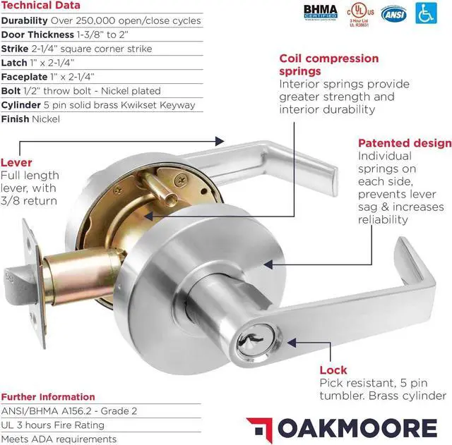 Alt view image 7 of 7 - Commercial Entry Door Handle Locks | Heavy Duty Commercial Door Handle | Commercial Door Locks Knob Grade 2 | Offices, Schools, Industrial Use | UL CUL & ADA | Satin Finish | ANSI A156.2