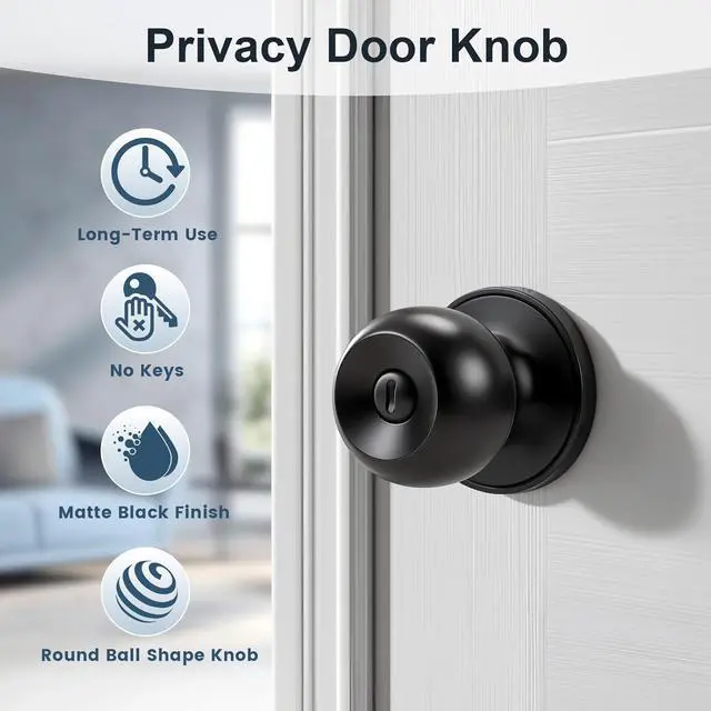 Alt view image 2 of 7 - KNOBWELL Matte Black Privacy Door Knob, Interior Bedroom Bathroom Door Knobs with Lock, 10 Pack