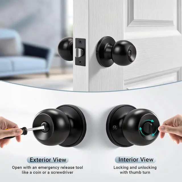 Alt view image 3 of 7 - KNOBWELL Matte Black Privacy Door Knob, Interior Bedroom Bathroom Door Knobs with Lock, 10 Pack