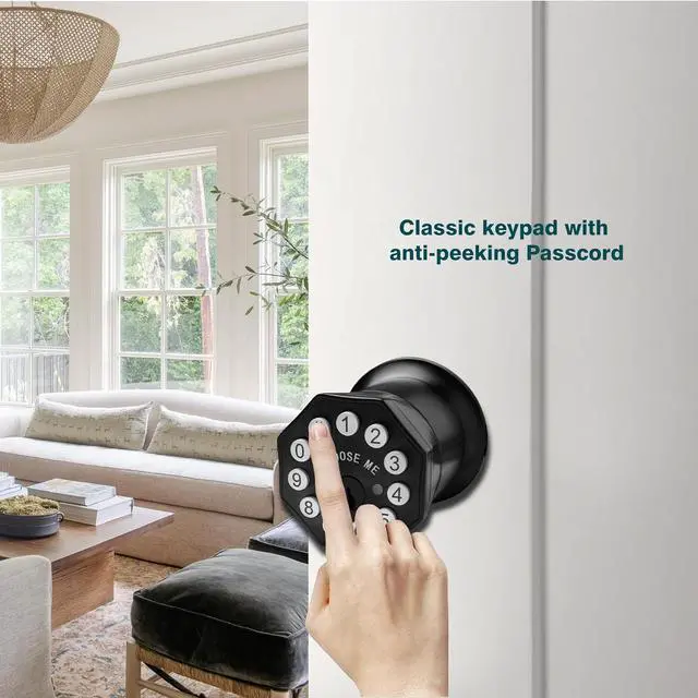 Alt view image 2 of 6 - Door Knob with Keypad and Key, Keyless Entry Door Lock,Smart Digital Knob Unlock by Passcode/Keys/USB backuplock,Electronic Door Knob for Home Bedroom Apartment Garage Office Security,Black
