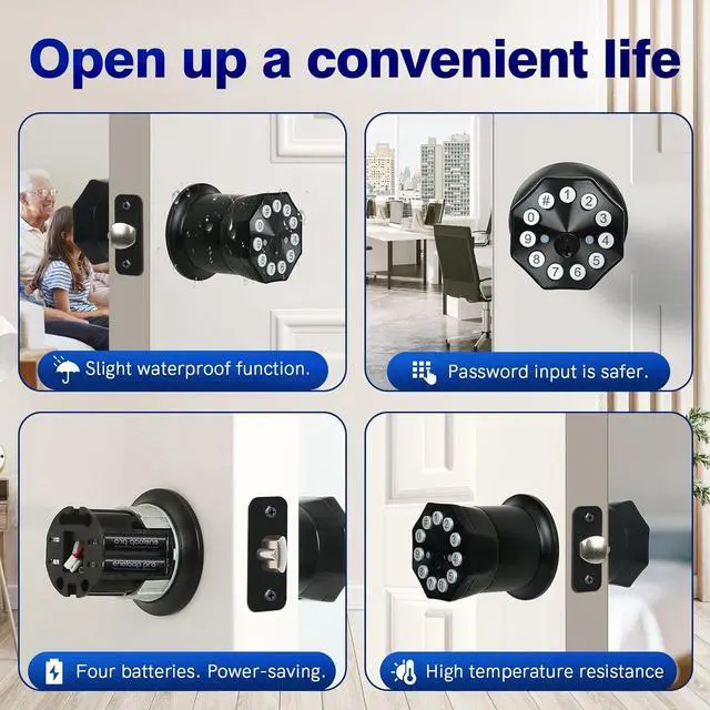 Alt view image 6 of 6 - Door Knob with Keypad and Key, Keyless Entry Door Lock,Smart Digital Knob Unlock by Passcode/Keys/USB backuplock,Electronic Door Knob for Home Bedroom Apartment Garage Office Security,Black