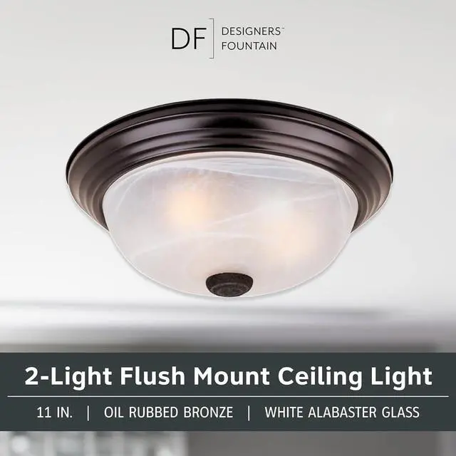 Alt view image 2 of 6 - DESIGNERS FOUNTAIN 2-Light Flush Mount Ceiling Light, 11 Inch Lighting Fixture for Kitchen, Bedroom, Bathroom, and Hallway, White Alabaster Glass, Oil Rubbed Bronze, 1257S-ORB-AL