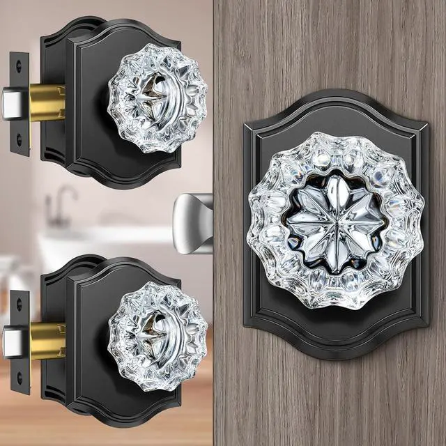 Main image of 3 Pack Crystal Door Knobs with Lock, Glass Door Knobs Interior for Privacy Use, Black Crystal Door Knobs for Bedroom Bathroom, Vintage Glass Crystal Door Knob Set