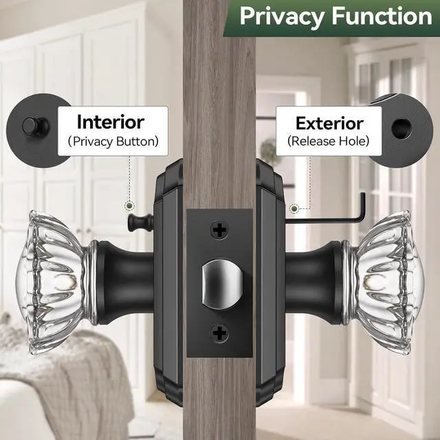Alt view image 3 of 7 - 3 Pack Crystal Door Knobs with Lock, Glass Door Knobs Interior for Privacy Use, Black Crystal Door Knobs for Bedroom Bathroom, Vintage Glass Crystal Door Knob Set