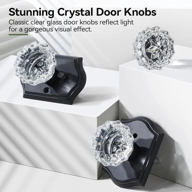 Alt view image 4 of 7 - 3 Pack Crystal Door Knobs with Lock, Glass Door Knobs Interior for Privacy Use, Black Crystal Door Knobs for Bedroom Bathroom, Vintage Glass Crystal Door Knob Set