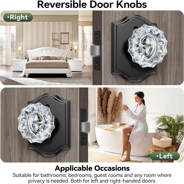 Alt view image 5 of 7 - 3 Pack Crystal Door Knobs with Lock, Glass Door Knobs Interior for Privacy Use, Black Crystal Door Knobs for Bedroom Bathroom, Vintage Glass Crystal Door Knob Set