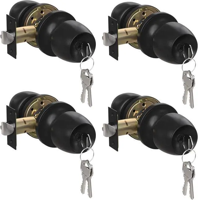 Main image of Keyed Entry Door Knob with Lock and Key, Round Ball Locking Door Knob, Interior and Exterior Door Lock Set for Bedrooms, Bathrooms and Home Use, Matte Black, 4 Pack