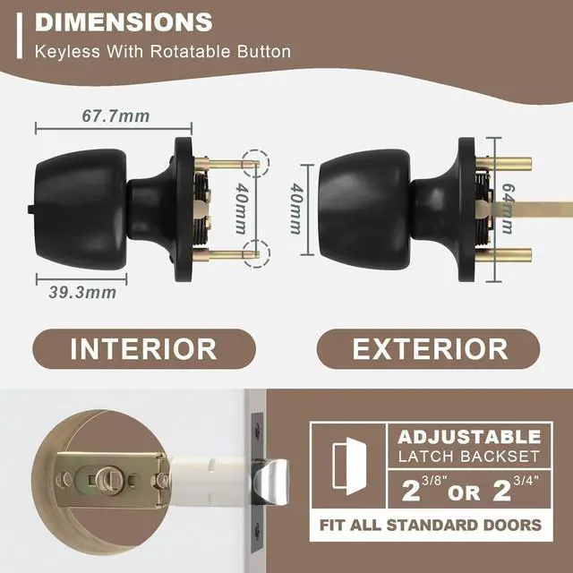 Alt view image 3 of 7 - Keyed Entry Door Knob with Lock and Key, Round Ball Locking Door Knob, Interior and Exterior Door Lock Set for Bedrooms, Bathrooms and Home Use, Matte Black, 4 Pack