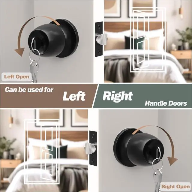 Alt view image 4 of 7 - Keyed Entry Door Knob with Lock and Key, Round Ball Locking Door Knob, Interior and Exterior Door Lock Set for Bedrooms, Bathrooms and Home Use, Matte Black, 4 Pack