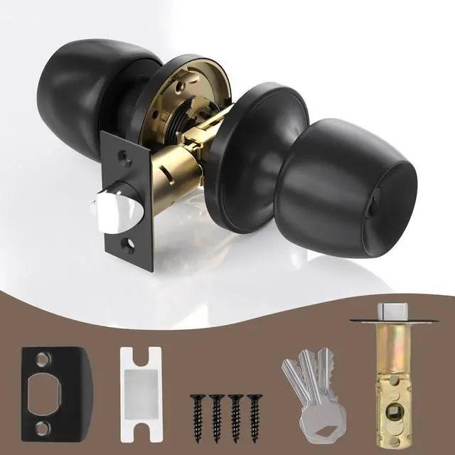 Alt view image 5 of 7 - Keyed Entry Door Knob with Lock and Key, Round Ball Locking Door Knob, Interior and Exterior Door Lock Set for Bedrooms, Bathrooms and Home Use, Matte Black, 4 Pack