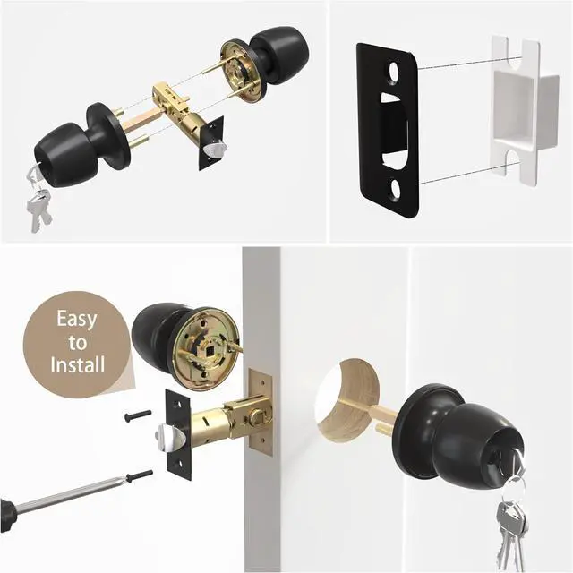 Alt view image 6 of 7 - Keyed Entry Door Knob with Lock and Key, Round Ball Locking Door Knob, Interior and Exterior Door Lock Set for Bedrooms, Bathrooms and Home Use, Matte Black, 4 Pack