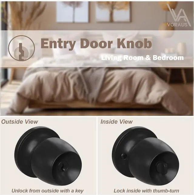 Alt view image 7 of 7 - Keyed Entry Door Knob with Lock and Key, Round Ball Locking Door Knob, Interior and Exterior Door Lock Set for Bedrooms, Bathrooms and Home Use, Matte Black, 4 Pack