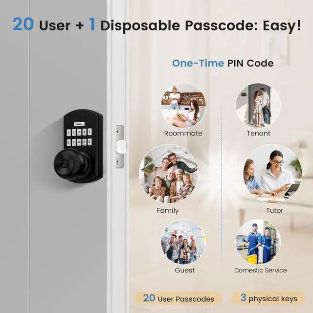Alt view image 5 of 7 - Smart Door Knob with Keypad, Keyless Entry Door Lock for Front Door, Easy Passage Mode, One-time Code, Matte Black