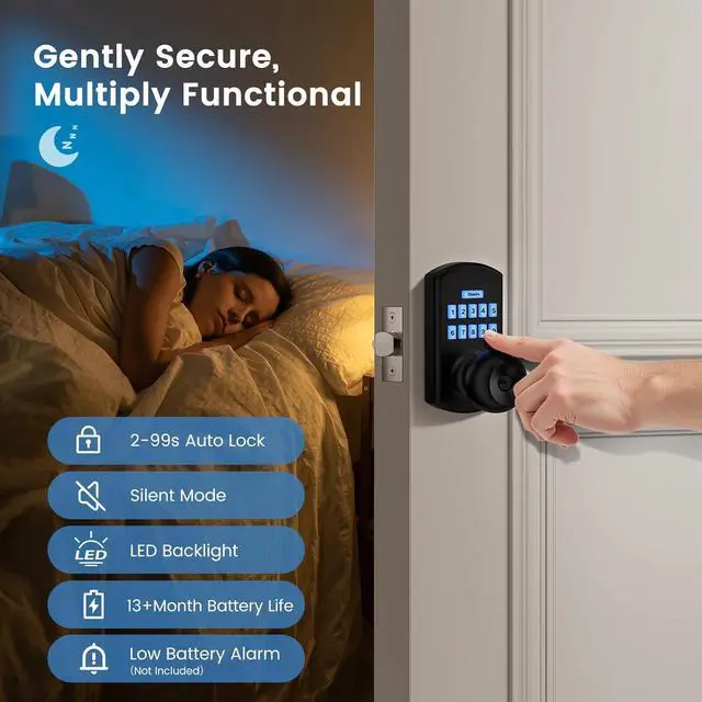 Alt view image 6 of 7 - Smart Door Knob with Keypad, Keyless Entry Door Lock for Front Door, Easy Passage Mode, One-time Code, Matte Black