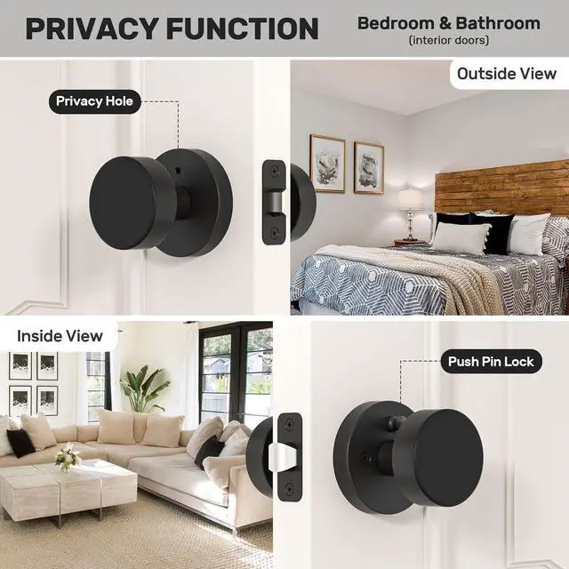 Alt view image 2 of 7 - Matte Black Door Knobs Interior Black Privacy Door Knob with Lock, Heavy Duty Round Vintage Door Handle for Bedroom Bathroom
