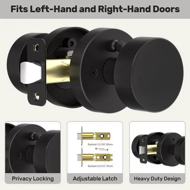 Alt view image 3 of 7 - Matte Black Door Knobs Interior Black Privacy Door Knob with Lock, Heavy Duty Round Vintage Door Handle for Bedroom Bathroom