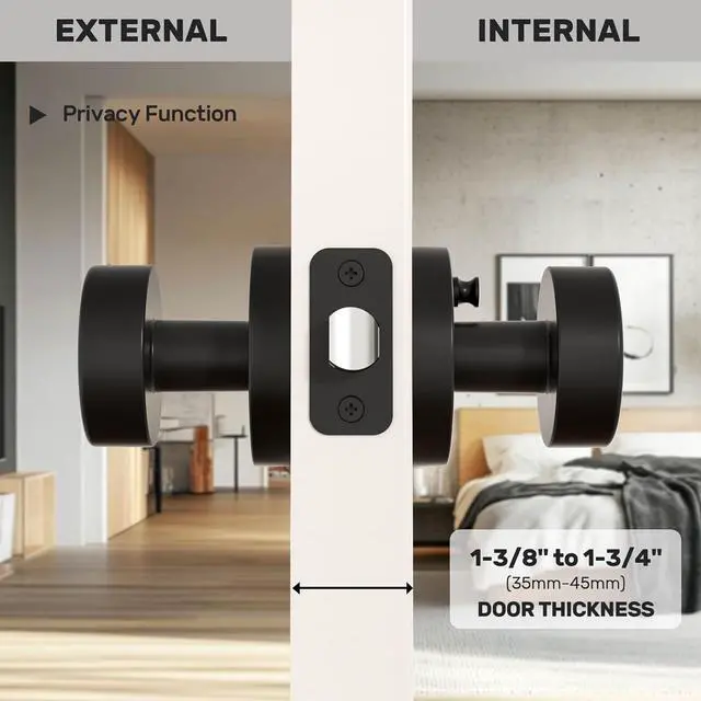 Alt view image 4 of 7 - Matte Black Door Knobs Interior Black Privacy Door Knob with Lock, Heavy Duty Round Vintage Door Handle for Bedroom Bathroom
