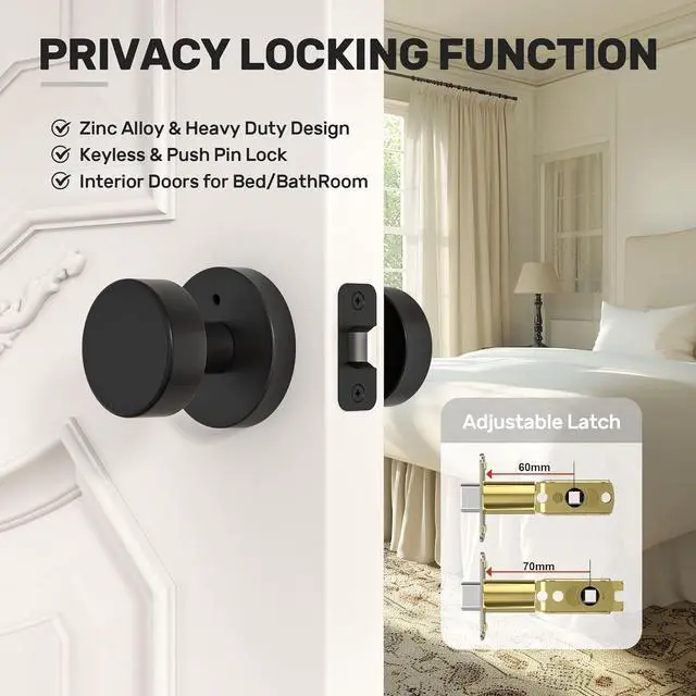 Alt view image 5 of 7 - Matte Black Door Knobs Interior Black Privacy Door Knob with Lock, Heavy Duty Round Vintage Door Handle for Bedroom Bathroom