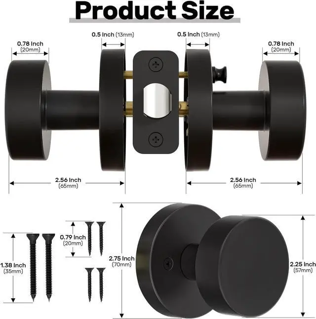 Alt view image 6 of 7 - Matte Black Door Knobs Interior Black Privacy Door Knob with Lock, Heavy Duty Round Vintage Door Handle for Bedroom Bathroom