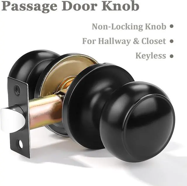 Alt view image 2 of 7 - Probrico 1 Pack Round Passage Door Knob(Non-Locking Knobs), Keyless Doorknobs Interior/Exterior Door Lockset,Passage Knobs for Hallway/Closet,Black Finish Modern Design Door Hardware