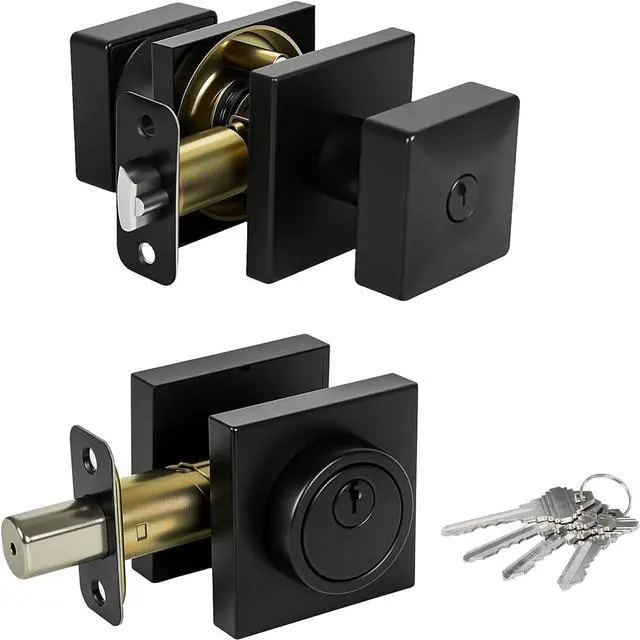 Main image of Square Black Door Knob and Deadbolt Lock,Single Cylinder Deadbolt Lock and Door Knob Set, Keyed Alike Eexterior Door Locks for Front Door (Matte Black,1PACK)