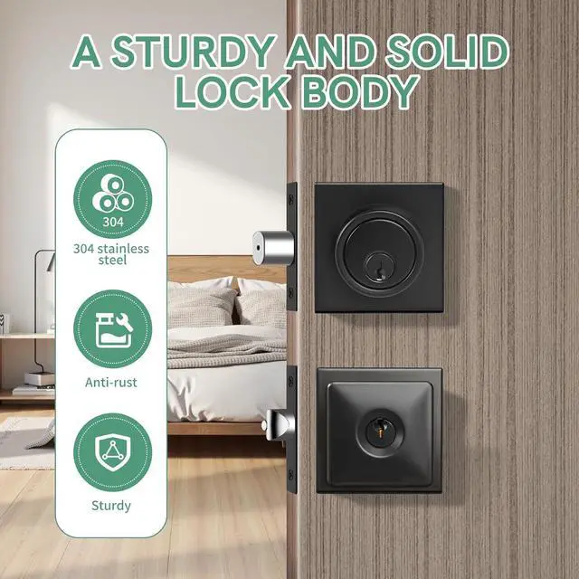Alt view image 2 of 6 - Square Black Door Knob and Deadbolt Lock,Single Cylinder Deadbolt Lock and Door Knob Set, Keyed Alike Eexterior Door Locks for Front Door (Matte Black,1PACK)