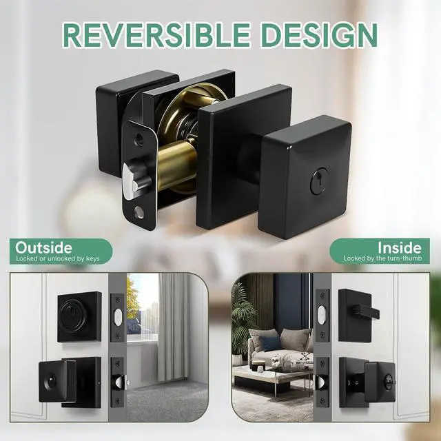 Alt view image 3 of 6 - Square Black Door Knob and Deadbolt Lock,Single Cylinder Deadbolt Lock and Door Knob Set, Keyed Alike Eexterior Door Locks for Front Door (Matte Black,1PACK)