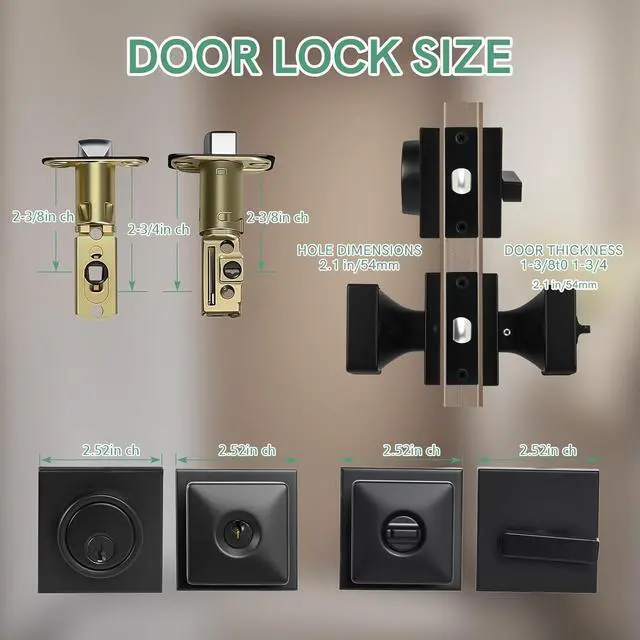 Alt view image 4 of 6 - Square Black Door Knob and Deadbolt Lock,Single Cylinder Deadbolt Lock and Door Knob Set, Keyed Alike Eexterior Door Locks for Front Door (Matte Black,1PACK)