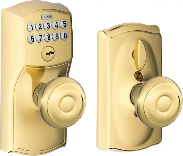 Main image of SCHLAGE FE595 CAM 505 GEO Camelot Keypad Entry with Flex-Lock and Georgian Style Knobs, Bright Brass, Georgian Knob