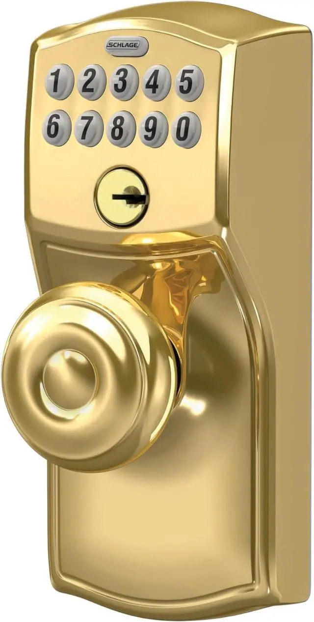 Alt view image 3 of 6 - SCHLAGE FE595 CAM 505 GEO Camelot Keypad Entry with Flex-Lock and Georgian Style Knobs, Bright Brass, Georgian Knob