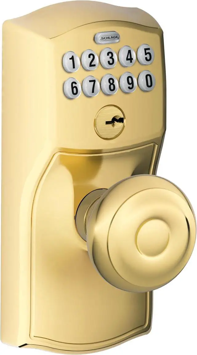 Alt view image 2 of 6 - SCHLAGE FE595 CAM 505 GEO Camelot Keypad Entry with Flex-Lock and Georgian Style Knobs, Bright Brass, Georgian Knob