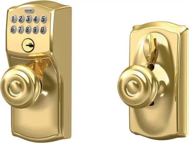 Alt view image 6 of 6 - SCHLAGE FE595 CAM 505 GEO Camelot Keypad Entry with Flex-Lock and Georgian Style Knobs, Bright Brass, Georgian Knob
