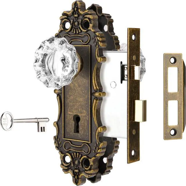 Main image of Mortise Lock Set for Interior Door, Antique Brass Door Knobs with Lock and Skeleton Key, Vintage Door Handle Lock Replacement for Interior Doors, Antique Brass Finish