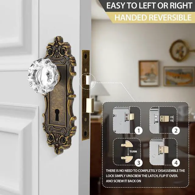 Alt view image 2 of 7 - Mortise Lock Set for Interior Door, Antique Brass Door Knobs with Lock and Skeleton Key, Vintage Door Handle Lock Replacement for Interior Doors, Antique Brass Finish