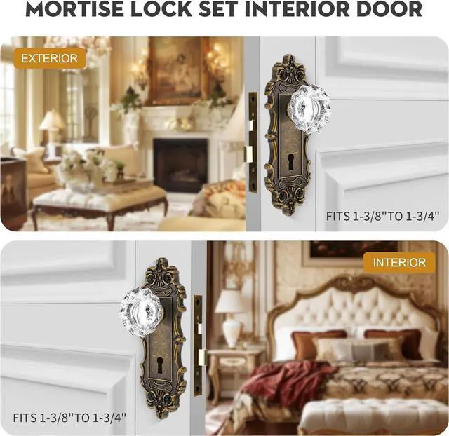 Alt view image 3 of 7 - Mortise Lock Set for Interior Door, Antique Brass Door Knobs with Lock and Skeleton Key, Vintage Door Handle Lock Replacement for Interior Doors, Antique Brass Finish